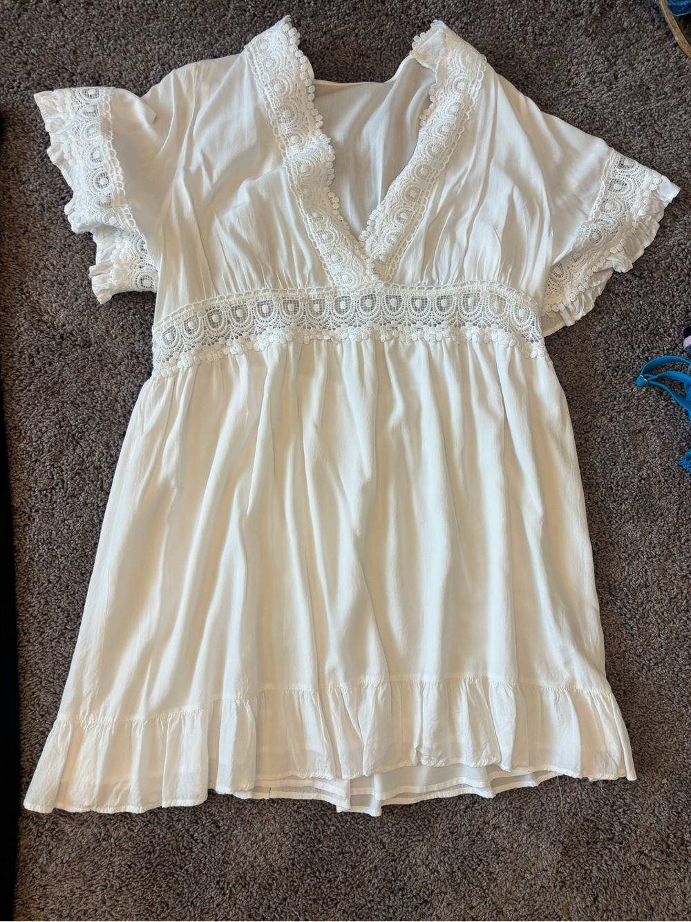 SHEIN white Lace-Trim V-Neck Tunic Dress